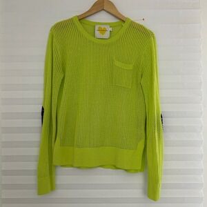 Kerri Rosenthal Lime Green Heart Elbow Patch Cotton Cashmere Open Knit Sweater S